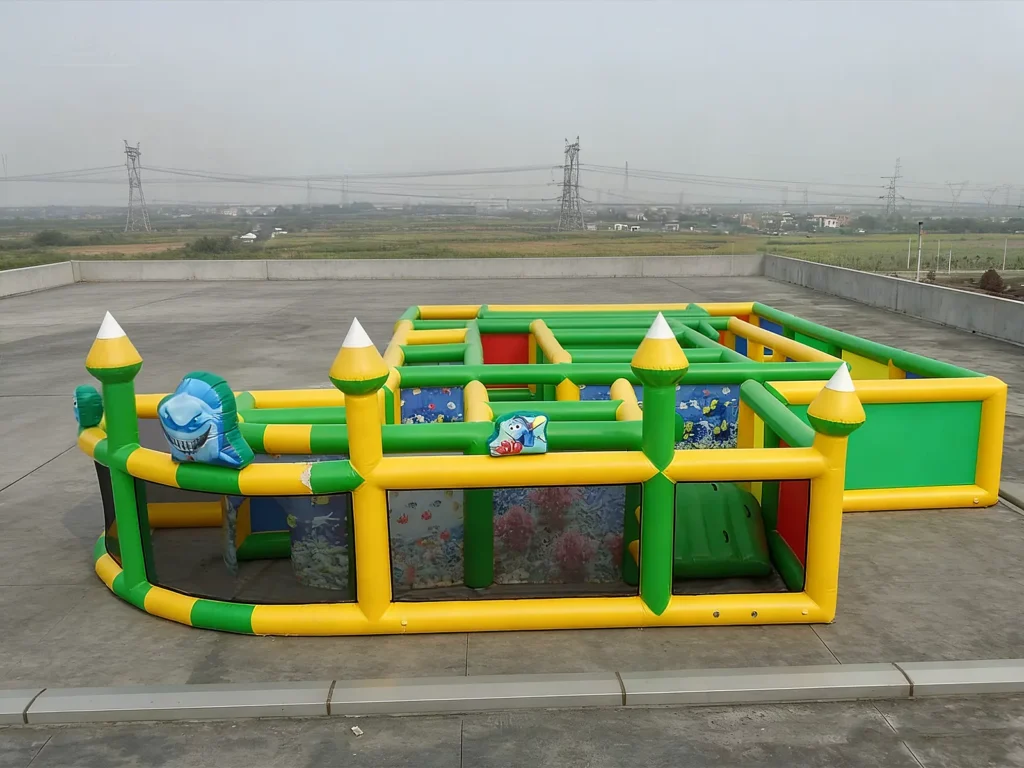 Commercial Inflatable Maze - Yellow Green Shark Obstacle